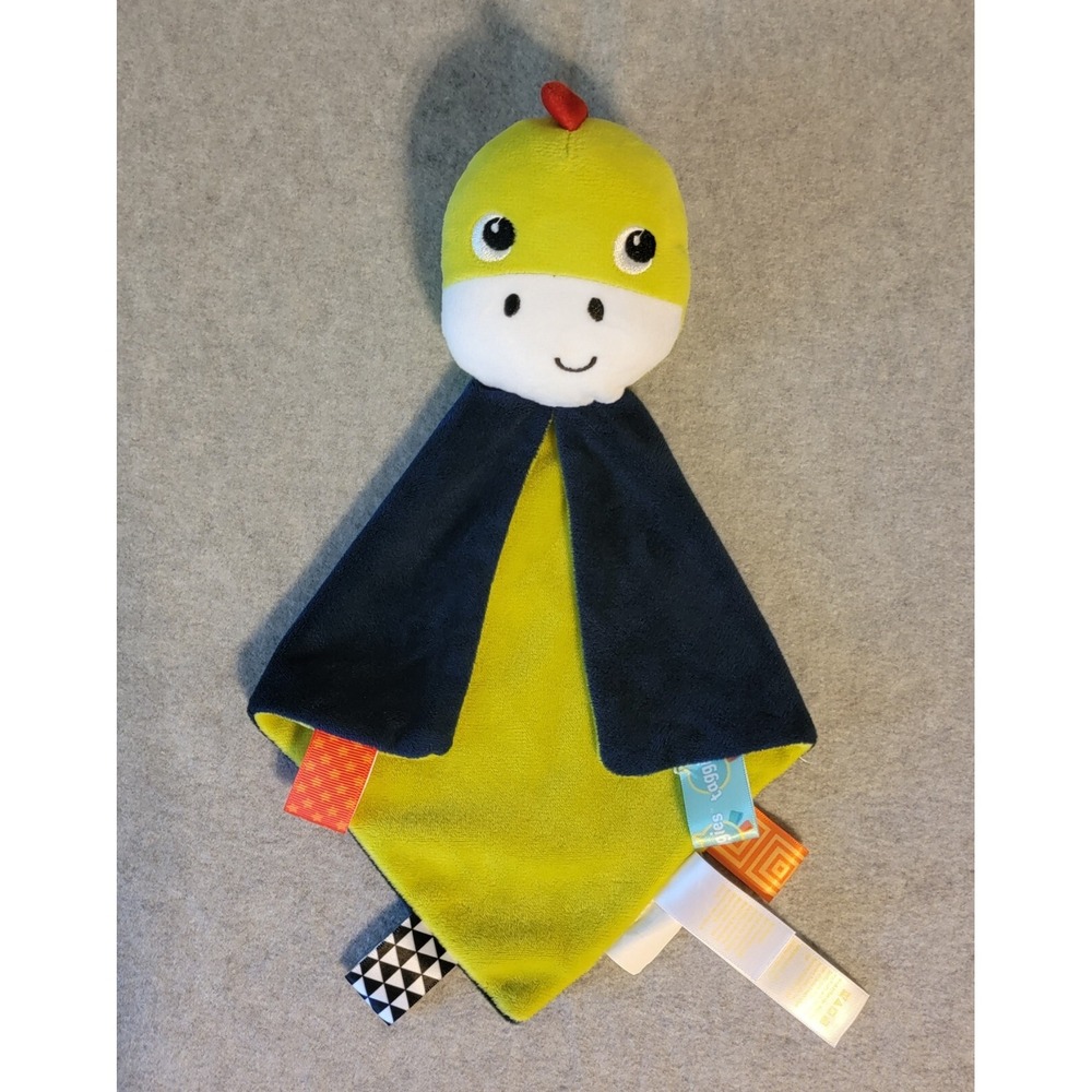Bright Starts Taggies Dinosaur Lovey Security Blanket  Rattle Navy & Lime Green